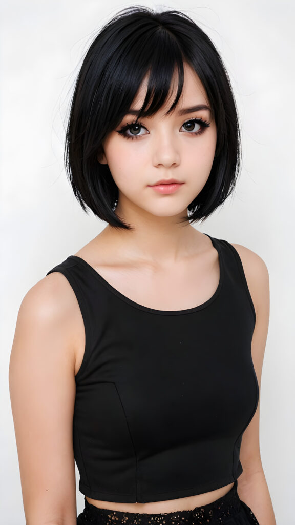 a innocent ((cute little Emo teen girl)), straight black hair, ((round face)), bob bangs cut, black eyeliner, looks seductive, black dressed in a crop top, ((white background))