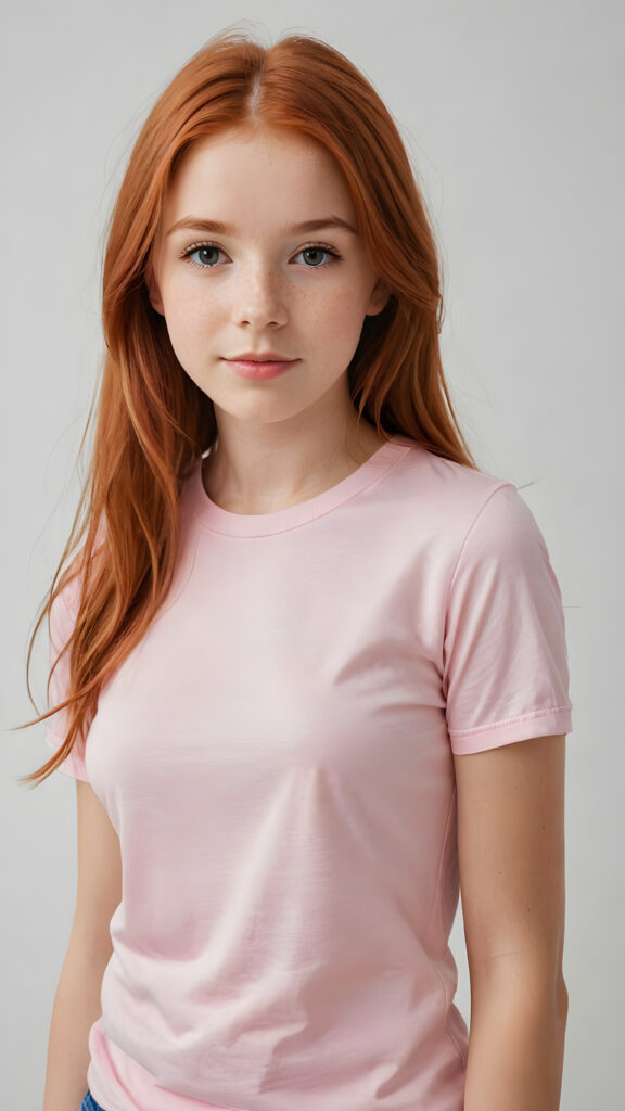 a innocent ((cute little red-haired teen girl)), straight hair, wears a light pink thin form-fitting t-shirt