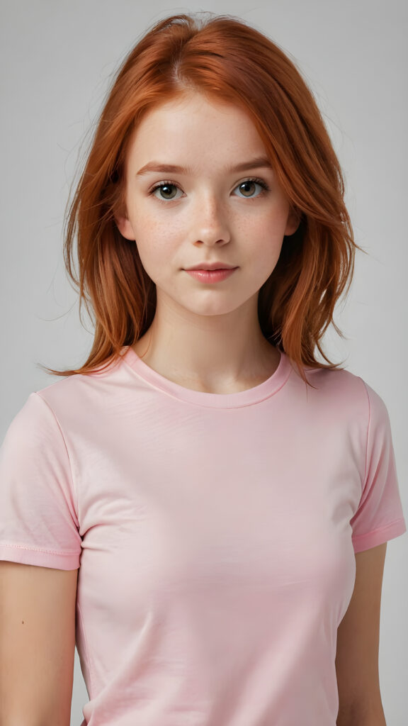 a innocent ((cute little red-haired teen girl)), straight hair, wears a light pink thin form-fitting t-shirt