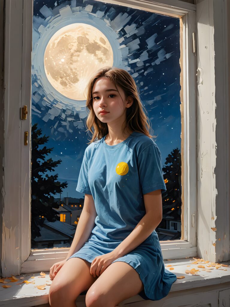 a (((lonely teen girl))) sitting by a window at night, her face silhouetted against the moon's glow, its petals a poignant reminder of heartbreak, she wears a shot cropped t-shirt