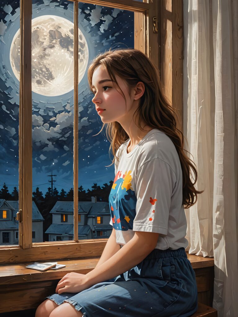 a (((lonely teen girl))) sitting by a window at night, her face silhouetted against the moon's glow, its petals a poignant reminder of heartbreak, she wears a shot cropped t-shirt