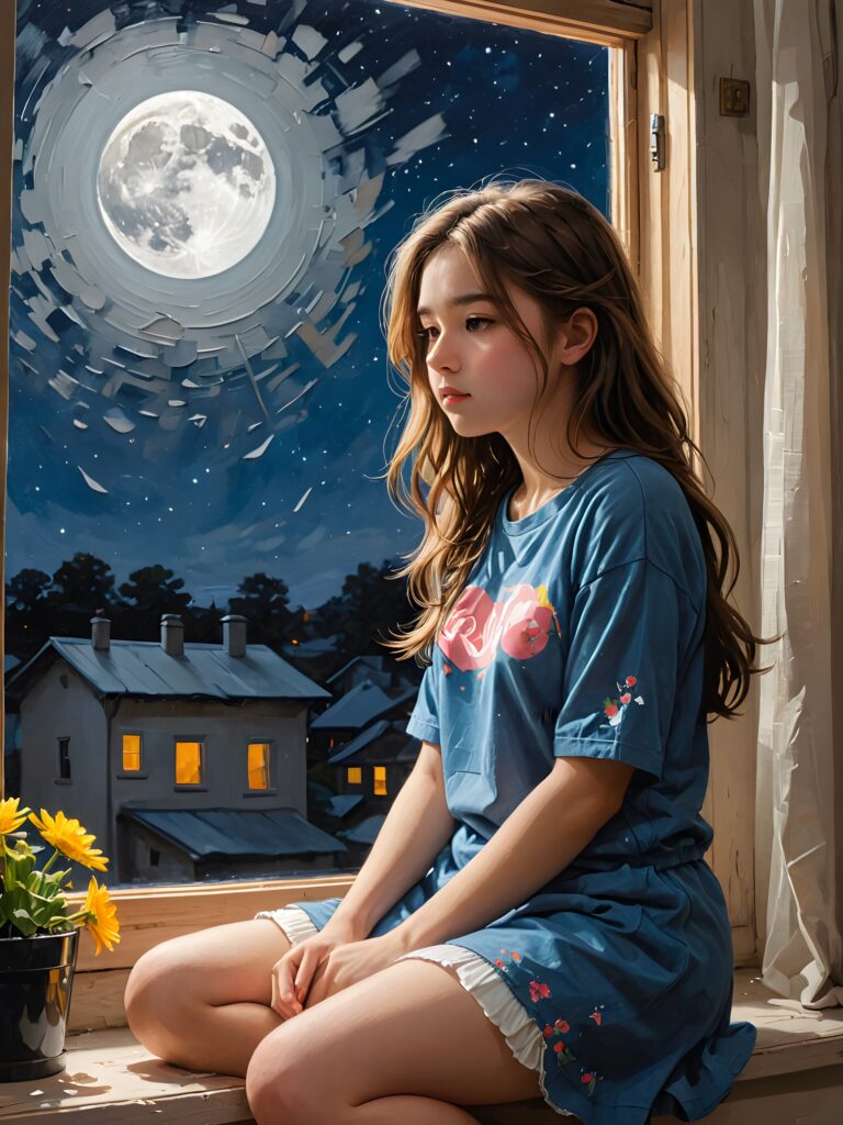 a (((lonely teen girl))) sitting by a window at night, her face silhouetted against the moon's glow, its petals a poignant reminder of heartbreak, she wears a shot cropped t-shirt