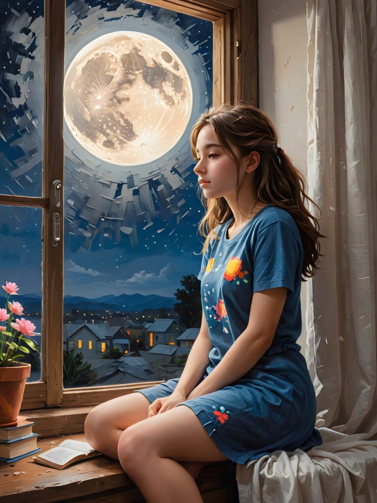 a (((lonely teen girl))) sitting by a window at night, her face silhouetted against the moon's glow, its petals a poignant reminder of heartbreak, she wears a shot cropped t-shirt