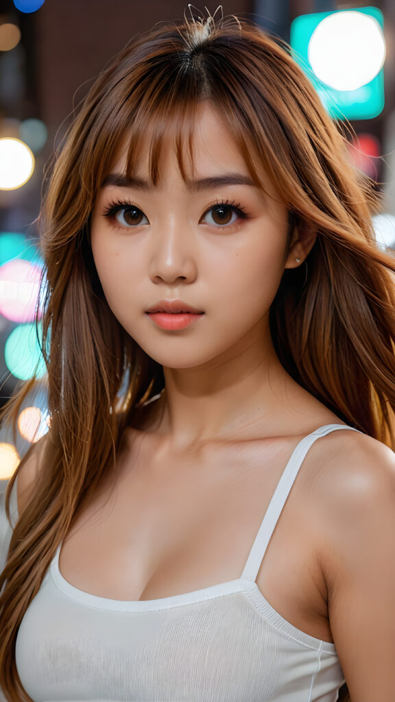 a (((long, straight hazelnut hair))) ((stunning)) beautifully realistic, cinematic lights, ((hot busted Asian woman)), bangs cut, realistic detailed angelic round face, ((realistic detailed hazelnut eye)) looks sadly at the camera, portrait shot, perfect curved body, (wears a tight (white crop top)), perfect anatomy, side perspective