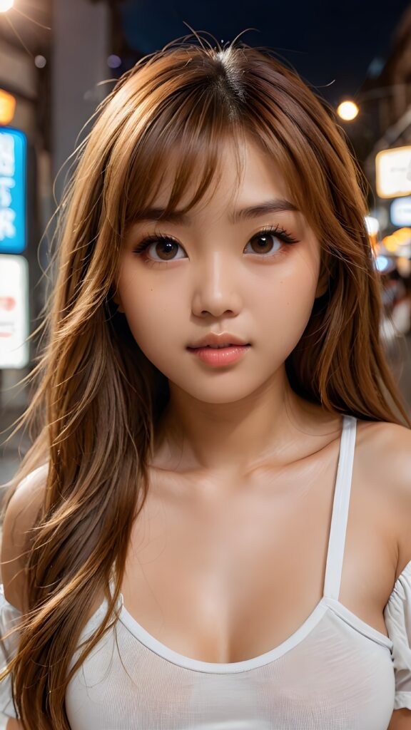 a (((long, straight hazelnut hair))) ((stunning)) beautifully realistic, cinematic lights, ((hot busted Asian woman)), bangs cut, realistic detailed angelic round face, ((realistic detailed hazelnut eye)) looks sadly at the camera, portrait shot, perfect curved body, (wears a tight (white crop top)), perfect anatomy, side perspective