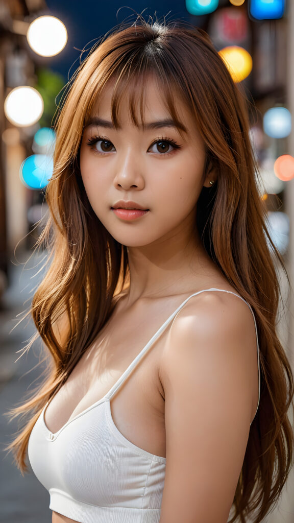 a (((long, straight hazelnut hair))) ((stunning)) beautifully realistic, cinematic lights, ((hot busted Asian woman)), bangs cut, realistic detailed angelic round face, ((realistic detailed hazelnut eye)) looks sadly at the camera, portrait shot, perfect curved body, (wears a tight (white crop top)), perfect anatomy, side perspective