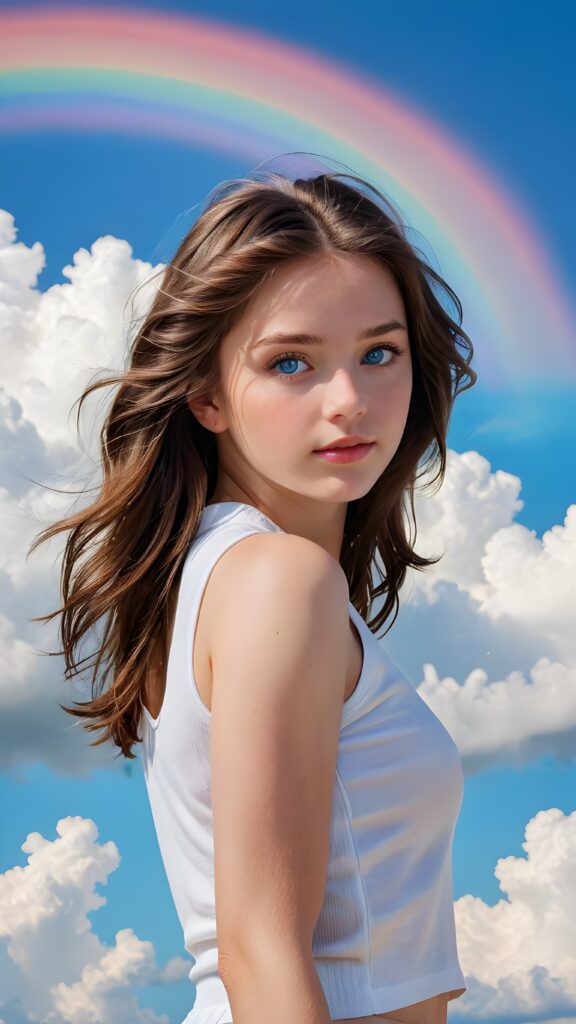 a (((masterful fine art portrait))) featuring a (((girl with dark brown soft hair and azure blue eyes))), elegantly framed by a (((sleeveless white crop top))), set against a (dazzlingly vivid swirl of a rainbow that contrasts against a (serene, crystal-clear sky punctuated by delicate, fluffy clouds)), evoking a sense of natural splendor and tranquil grace