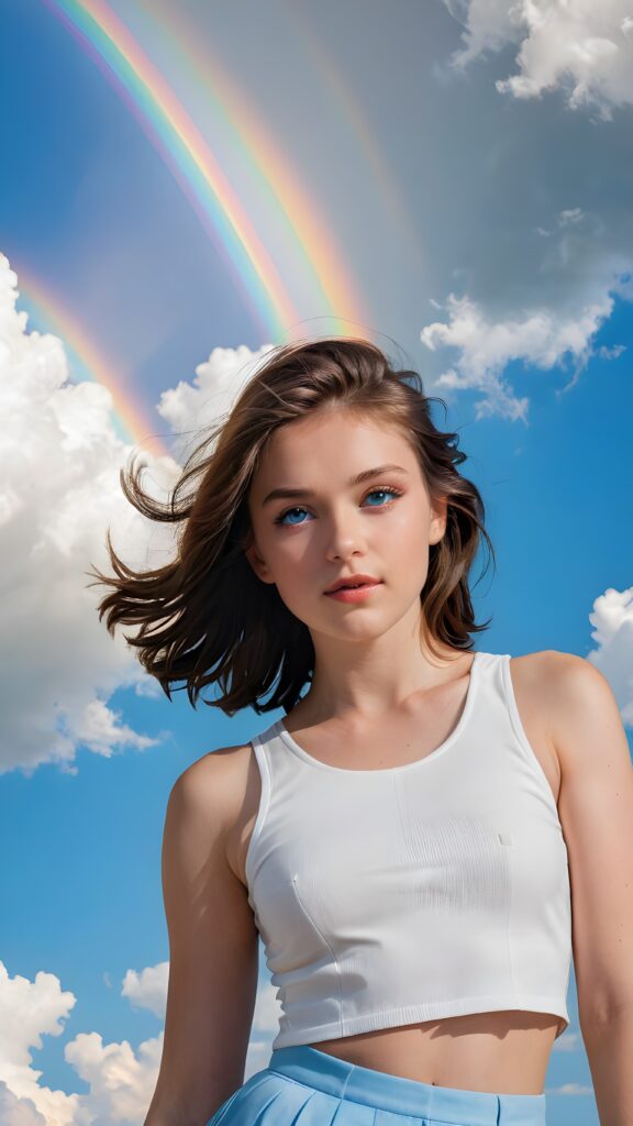 a (((masterful fine art portrait))) featuring a (((girl with dark brown soft hair and azure blue eyes))), elegantly framed by a (((sleeveless white crop top))), set against a (dazzlingly vivid swirl of a rainbow that contrasts against a (serene, crystal-clear sky punctuated by delicate, fluffy clouds)), evoking a sense of natural splendor and tranquil grace