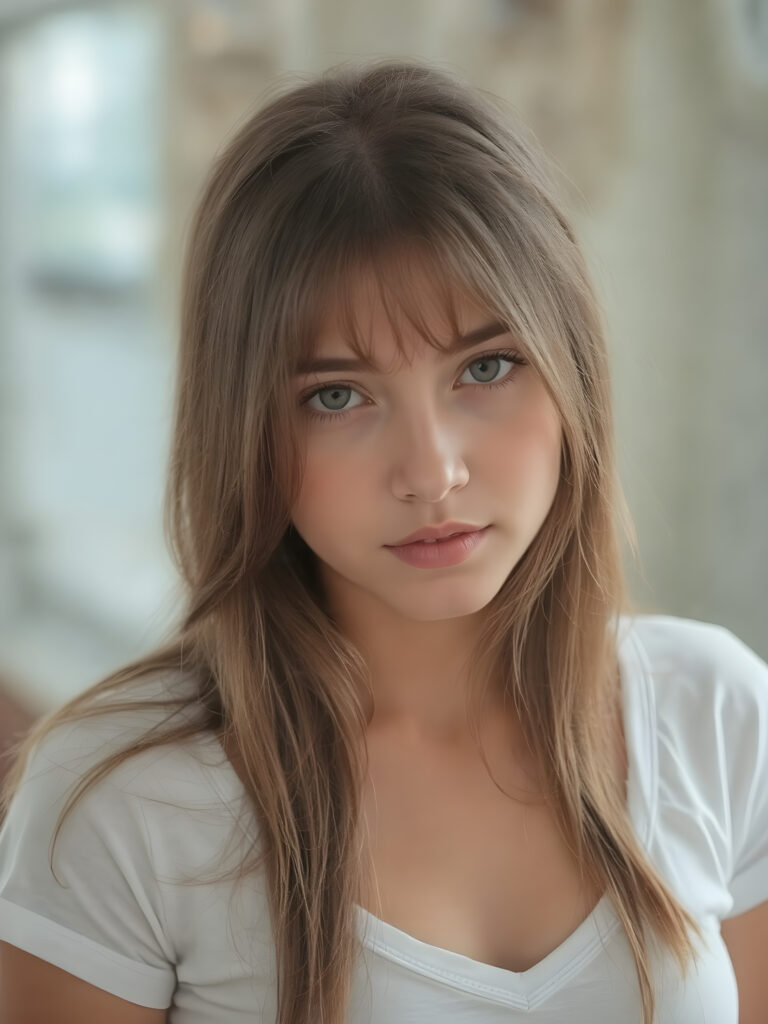 a (((masterpiece of photography))), ultra high resolution and straight, long brown soft jet hair, showcasing an incredibly beautiful young teen girl, she wears a thin white t-shirt with deep v-neck, realistic face