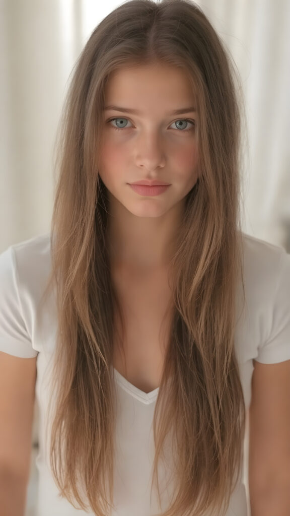 a (((masterpiece of photography))), ultra high resolution and straight, long brown soft hair, showcasing an incredibly beautiful young teen girl with (realistically detailed, soft light backlit) surroundings that bring out her (exquisite features) and the (intricate details of her skin) in a (highly detailed, 8K frame) that draws the eye and exudes confidence and allure, she wears a thin white t-shirt with deep v-neck