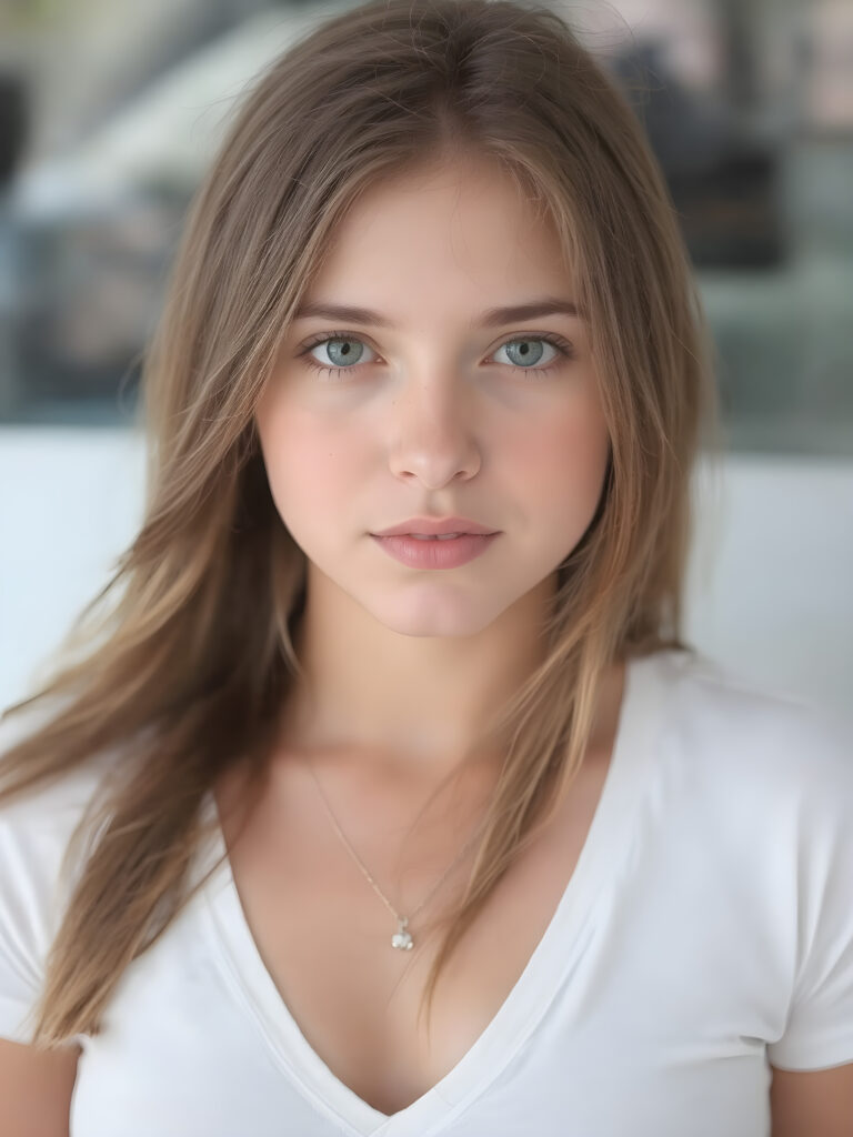 a (((masterpiece of photography))), ultra high resolution and straight, long brown soft jet hair, showcasing an incredibly beautiful young teen girl, she wears a thin white t-shirt with deep v-neck, realistic face