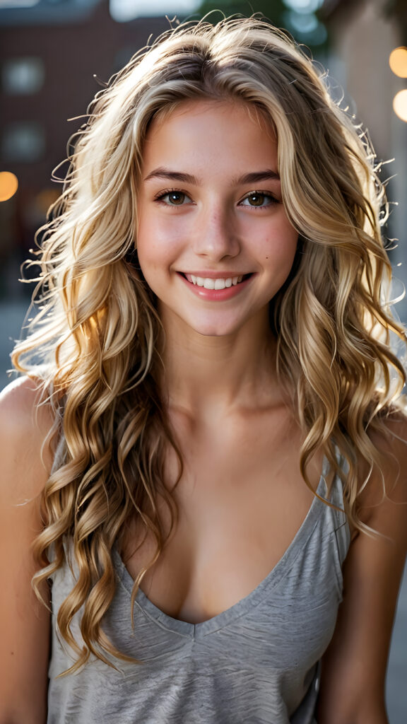 a (((masterpiece portrait))) of a (((beautiful teen girl))), with (((extremely long, wavy, blonde hair))), worn down, cascading past her hips, with (((vivid, natural eyes))), (((catchlights in both eyes))), matching eyes, (((bright smile))), (((looking into the camera))), (((bundled up, brown skin))), (((short, grey, tank top))), (((deep v-neck)))