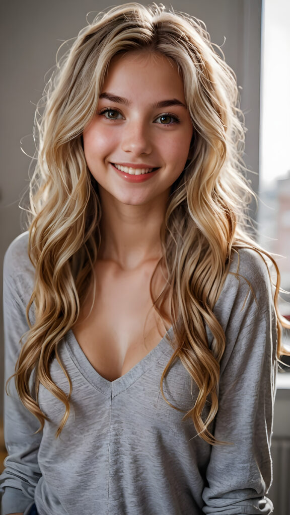 a (((masterpiece portrait))) of a (((beautiful teen girl))), with (((extremely long, wavy, blonde hair))), worn down, cascading past her hips, with (((vivid, natural eyes))), (((catchlights in both eyes))), matching eyes, (((bright smile))), (((looking into the camera))), (((bundled up, brown skin))), (((short, grey, tank top))), (((deep v-neck)))