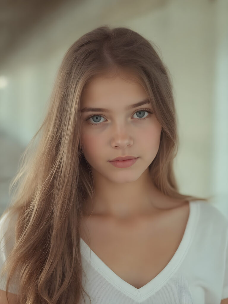 a (((masterpiece of photography))), ultra high resolution and straight, long brown soft jet hair, showcasing an incredibly beautiful young teen girl, she wears a thin white t-shirt with deep v-neck, realistic face