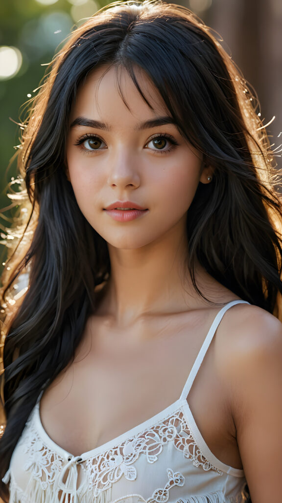 a (((masterpiece of photography))), ultra high resolution and straight, long black hair with fringes slightly curled, showcasing an incredibly beautiful teen girl with (realistically detailed, soft light backlit) surroundings that bring out her (exquisite features) and the (intricate details of her skin) in a (highly detailed, 8K frame) that draws the eye and exudes confidence and allure, she wears a short, cropped tank top, perfect body