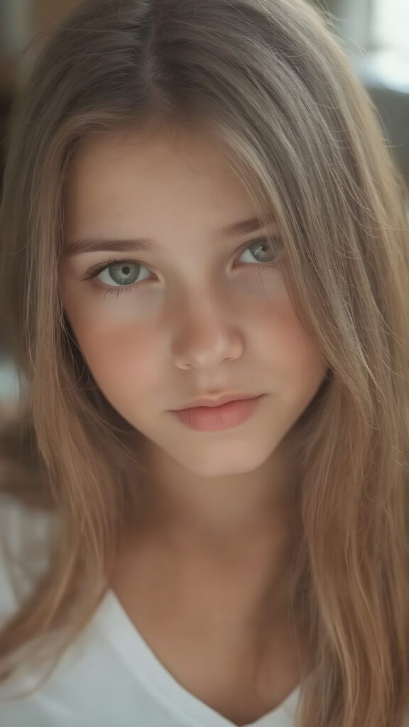 a (((masterpiece of photography))), ultra high resolution and straight, long brown soft hair, showcasing an incredibly beautiful young teen girl with (realistically detailed, soft light backlit) surroundings that bring out her (exquisite features) and the (intricate details of her skin) in a (highly detailed, 8K frame) that draws the eye and exudes confidence and allure, she wears a thin white t-shirt with deep v-neck