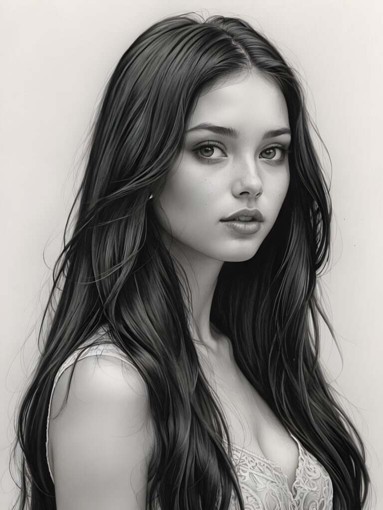 a pencil drawing (((vividly drawn portrait))), capturing a young girl with long, flowing (((black hair))), her eyes sparkling and her skin radiant, embodying flawless beauty