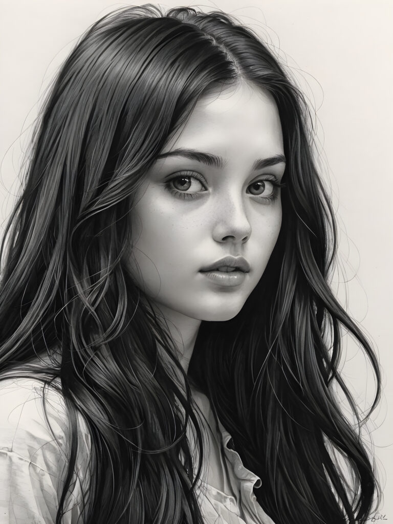 a pencil drawing (((vividly drawn portrait))), capturing a young girl with long, flowing (((black hair))), her eyes sparkling and her skin radiant, embodying flawless beauty