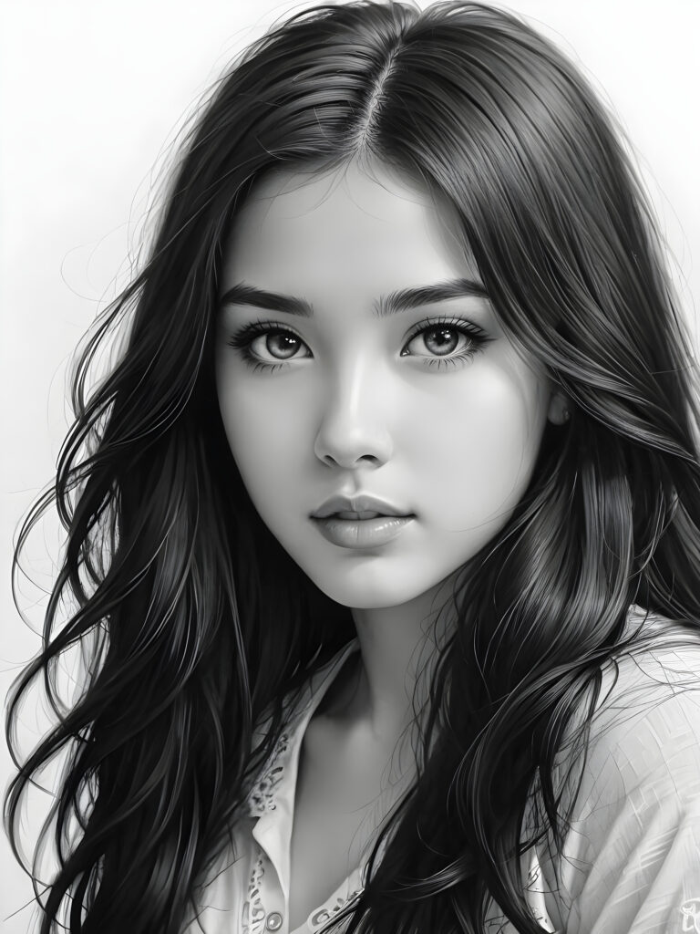 a pencil drawing ((black and white)), (((vividly drawn portrait))), capturing a young girl with long, flowing (((black hair))), her eyes sparkling and her skin radiant, embodying flawless beauty