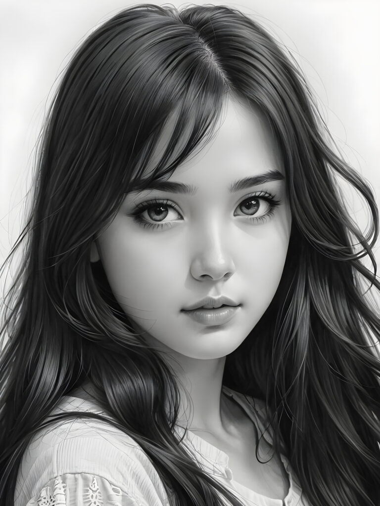 a pencil drawing ((black and white)), (((vividly drawn portrait))), capturing a young girl with long, flowing (((black hair))), her eyes sparkling and her skin radiant, embodying flawless beauty