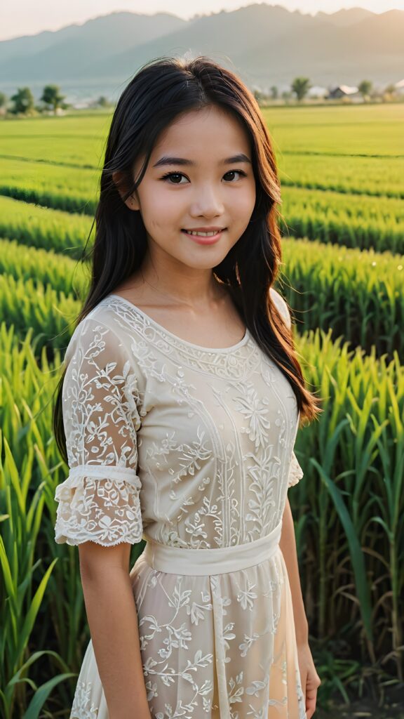 a perfect Asian teen girl stands in front of a rice field. She has long, straight black hair that shines in the evening light, perfect curved body, traditionally dressed, she smiles, beautiful atmosphere