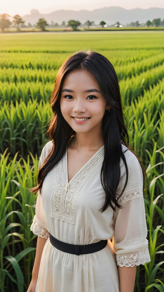 a perfect Asian teen girl stands in front of a rice field. She has long, straight black hair that shines in the evening light, perfect curved body, traditionally dressed, she smiles, beautiful atmosphere