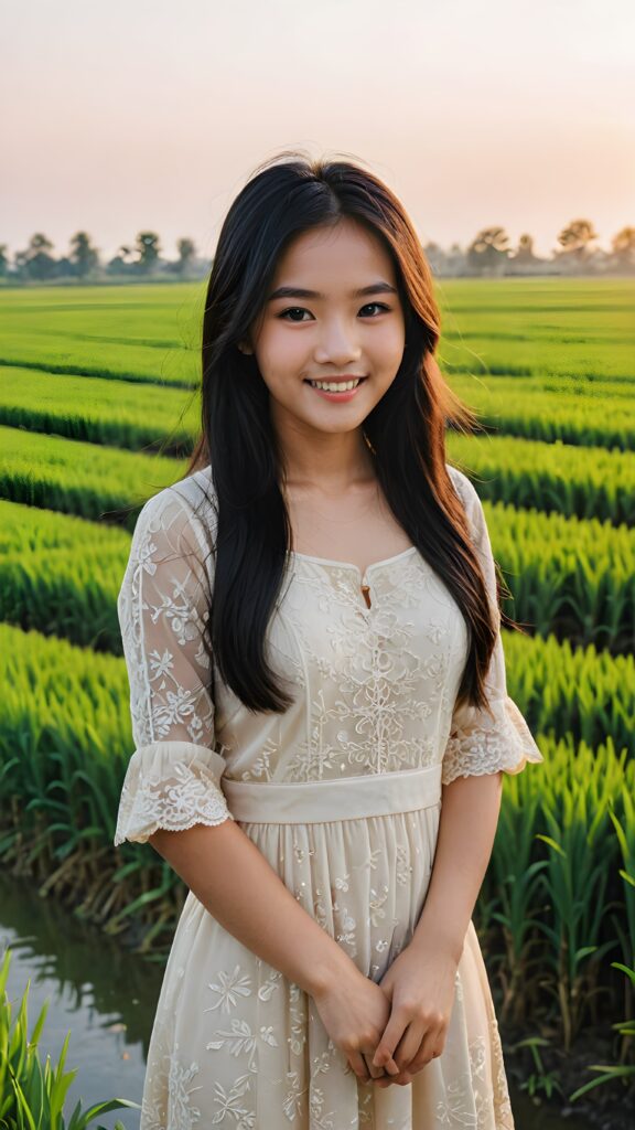 a perfect Asian teen girl stands in front of a rice field. She has long, straight black hair that shines in the evening light, perfect curved body, traditionally dressed, she smiles, beautiful atmosphere