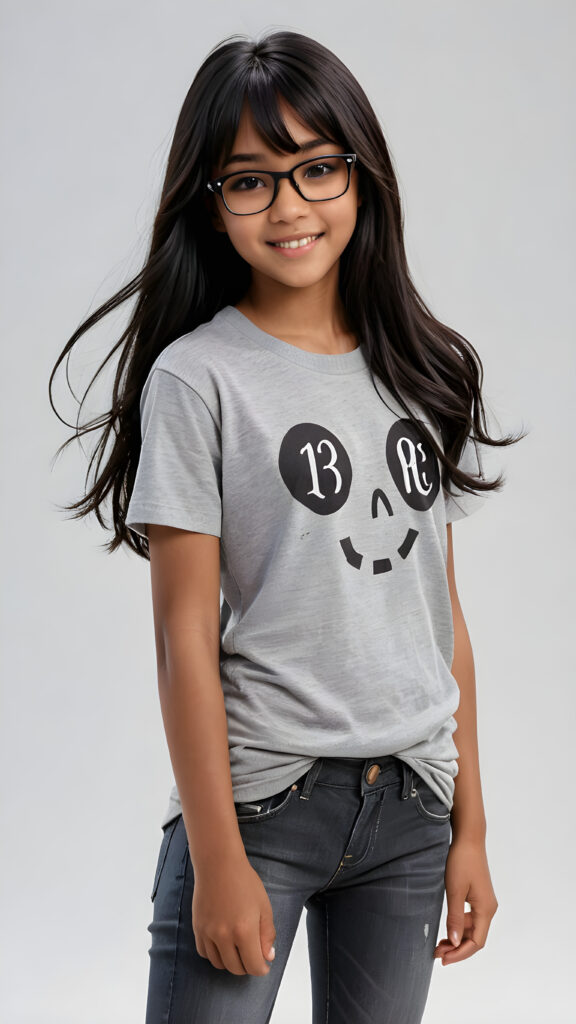 a (((perfect and realistic full-body portrait))), featuring a (((beautiful and cute 13-year-old brown-skinned Exotic girl))) with long, (((straight black hair with side bangs))), wearing a (((grey t-shirt and jeans))), accessorizing with (((black Ray Ban glasses))), and displaying a (((moderately imperfect skin))), with (((black beauty marks))), slightly imperfect teeth, and modestly wavy, (((straight black hair with side bangs))), framed by a circle of (((charmingly miniature ghosts)))