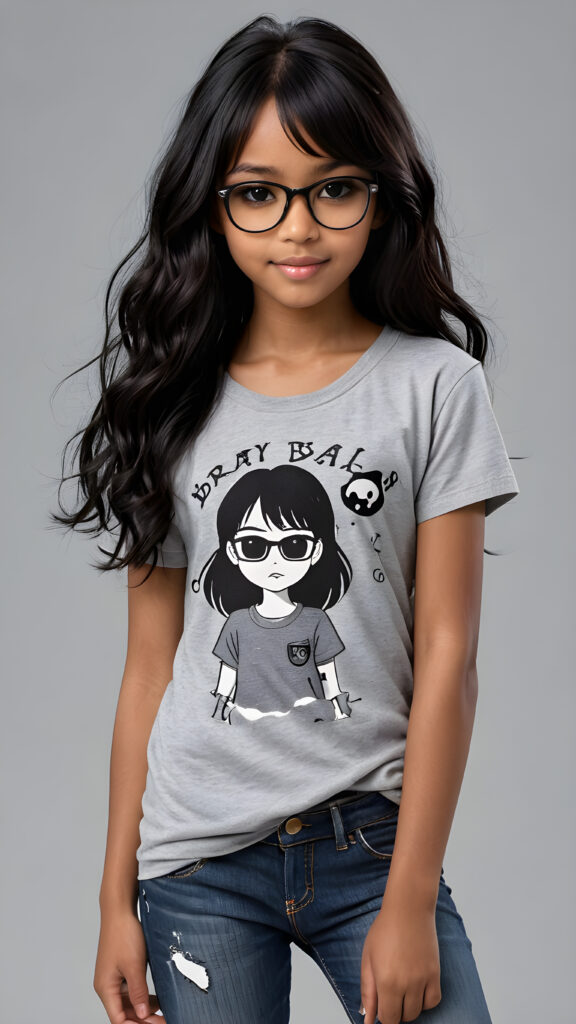 a (((perfect and realistic full-body portrait))), featuring a (((beautiful and cute 13-year-old brown-skinned Exotic girl))) with long, (((straight black hair with side bangs))), wearing a (((grey t-shirt and jeans))), accessorizing with (((black Ray Ban glasses))), and displaying a (((moderately imperfect skin))), with (((black beauty marks))), slightly imperfect teeth, and modestly wavy, (((straight black hair with side bangs))), framed by a circle of (((charmingly miniature ghosts))) in a (Tim Burton style)