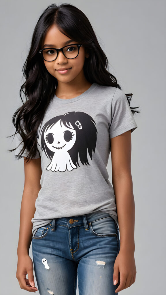 a (((perfect and realistic full-body portrait))), featuring a (((beautiful and cute 13-year-old brown-skinned Exotic girl))) with long, (((straight black hair with side bangs))), wearing a (((grey t-shirt and jeans))), accessorizing with (((black Ray Ban glasses))), and displaying a (((moderately imperfect skin))), with (((black beauty marks))), slightly imperfect teeth, and modestly wavy, (((straight black hair with side bangs))), framed by a circle of (((charmingly miniature ghosts))) in a (Tim Burton style)