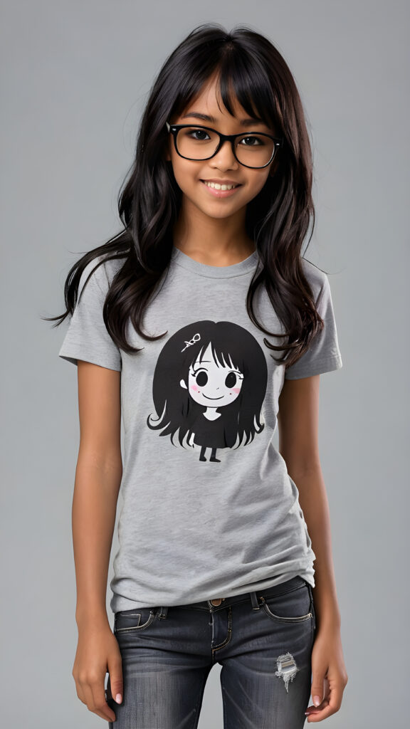 a (((perfect and realistic full-body portrait))), featuring a (((beautiful and cute 13-year-old brown-skinned Exotic girl))) with long, (((straight black hair with side bangs))), wearing a (((grey t-shirt and jeans))), accessorizing with (((black Ray Ban glasses))), and displaying a (((moderately imperfect skin))), with (((black beauty marks))), slightly imperfect teeth, and modestly wavy, (((straight black hair with side bangs))), framed by a circle of (((charmingly miniature ghosts))) in a (Tim Burton style)