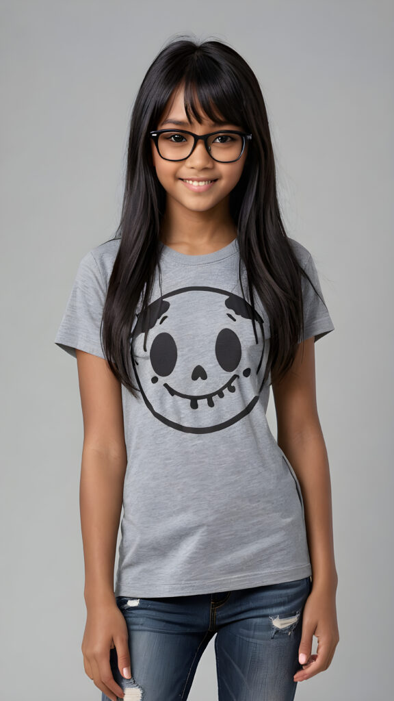 a (((perfect and realistic full-body portrait))), featuring a (((beautiful and cute 13-year-old brown-skinned Exotic girl))) with long, (((straight black hair with side bangs))), wearing a (((grey t-shirt and jeans))), accessorizing with (((black Ray Ban glasses))), and displaying a (((moderately imperfect skin))), with (((black beauty marks))), slightly imperfect teeth, and modestly wavy, (((straight black hair with side bangs))), framed by a circle of (((charmingly miniature ghosts)))