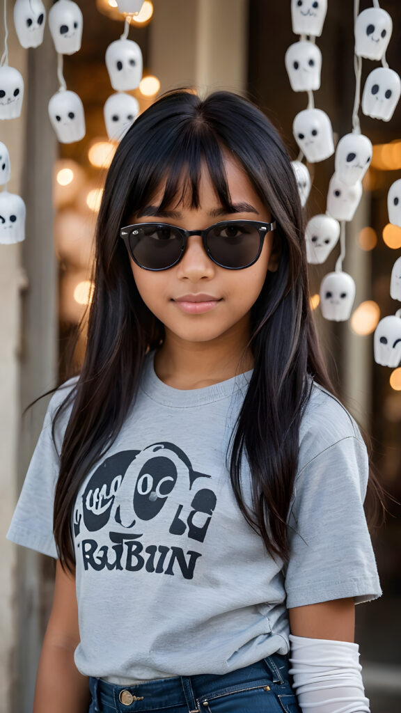 a (((perfect and realistic full-body portrait))), featuring a (((beautiful and cute 13-year-old brown-skinned Exotic girl))) with long, (((straight black hair with side bangs))), wearing a (((grey t-shirt and jeans))), accessorizing with (((black Ray Ban glasses))), and displaying a (((moderately imperfect skin))), with (((black beauty marks))), slightly imperfect teeth, and modestly wavy, (((straight black hair with side bangs))), framed by a circle of (((charmingly miniature ghosts)))