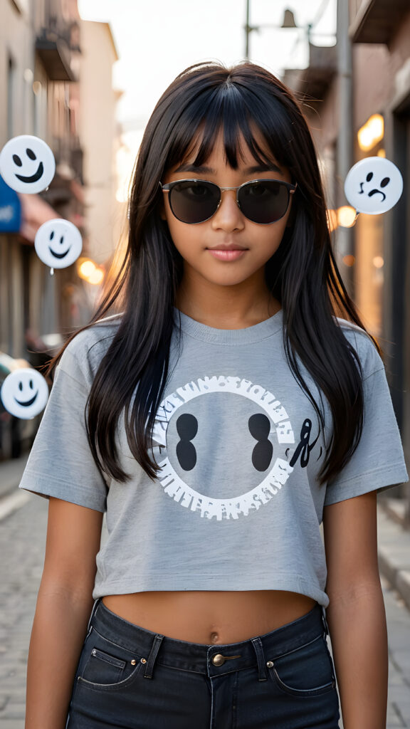 a (((perfect and realistic full-body portrait))), featuring a (((beautiful and cute 13-year-old brown-skinned Exotic girl))) with long, (((straight black hair with side bangs))), wearing a (((grey t-shirt and jeans))), accessorizing with (((black Ray Ban glasses))), and displaying a (((moderately imperfect skin))), with (((black beauty marks))), slightly imperfect teeth, and modestly wavy, (((straight black hair with side bangs))), framed by a circle of (((charmingly miniature ghosts)))