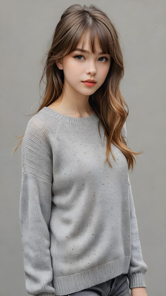 a perfect detailed and realistic picture from a (cute model teen girl), medium silhouette shot, her hair is gold-brown and has long straight haircut, bangs, she has pouting lips, she has a soft outlook, she has a fit and perfect curved figure, (((she is wearing a thin fine grey wool sweater))), ((grey background))