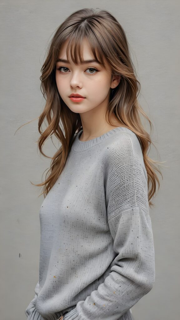 a perfect detailed and realistic picture from a (cute model teen girl), medium silhouette shot, her hair is gold-brown and has long straight haircut, bangs, she has pouting lips, she has a soft outlook, she has a fit and perfect curved figure, (((she is wearing a thin fine grey wool sweater))), ((grey background))