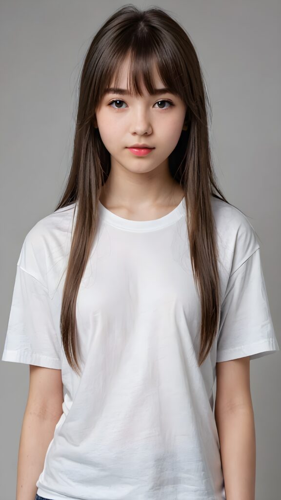 a perfect detailed and realistic picture from a (cute model teen girl, 13 years old), medium silhouette shot, her hair is white and has long straight haircut, bangs, she has pouting lips, she has a soft outlook, she has a fit and perfect curved figure, (((she is wearing a thin fine white t-shirt))), ((dark background))