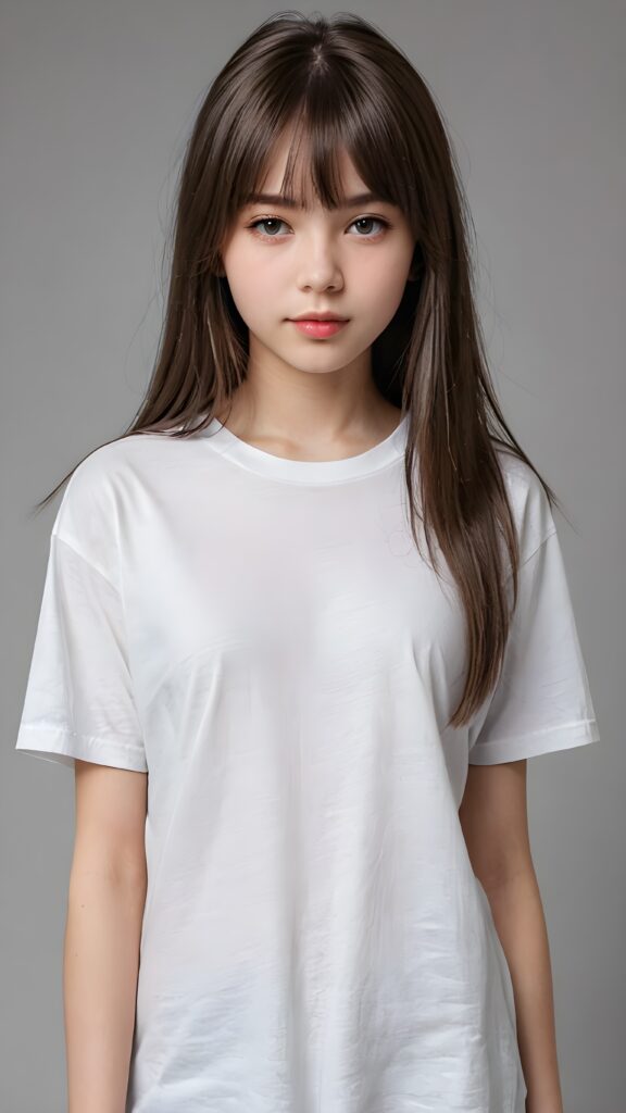 a perfect detailed and realistic picture from a (cute model teen girl, 13 years old), medium silhouette shot, her hair is white and has long straight haircut, bangs, she has pouting lips, she has a soft outlook, she has a fit and perfect curved figure, (((she is wearing a thin fine white t-shirt))), ((dark background))