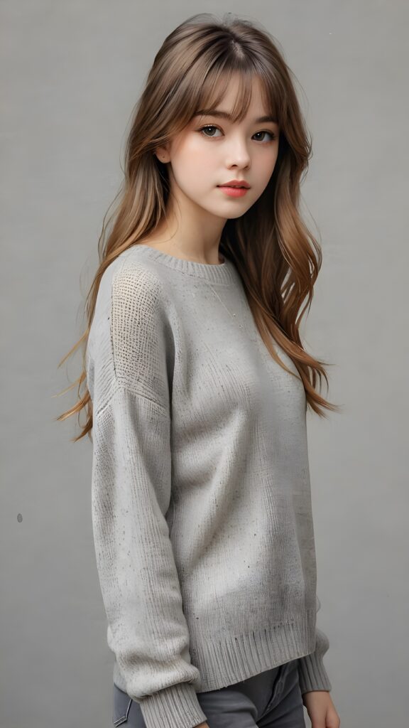 a perfect detailed and realistic picture from a (cute model teen girl), medium silhouette shot, her hair is gold-brown and has long straight haircut, bangs, she has pouting lips, she has a soft outlook, she has a fit and perfect curved figure, (((she is wearing a thin fine grey wool sweater))), ((grey background))