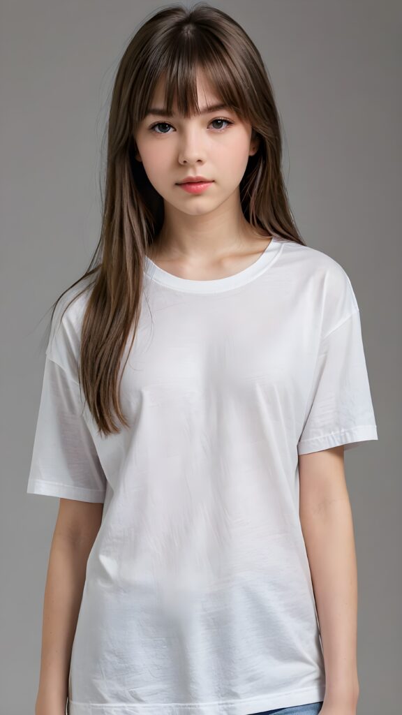 a perfect detailed and realistic picture from a (cute model teen girl, 13 years old), medium silhouette shot, her hair is white and has long straight haircut, bangs, she has pouting lips, she has a soft outlook, she has a fit and perfect curved figure, (((she is wearing a thin fine white t-shirt))), ((dark background))