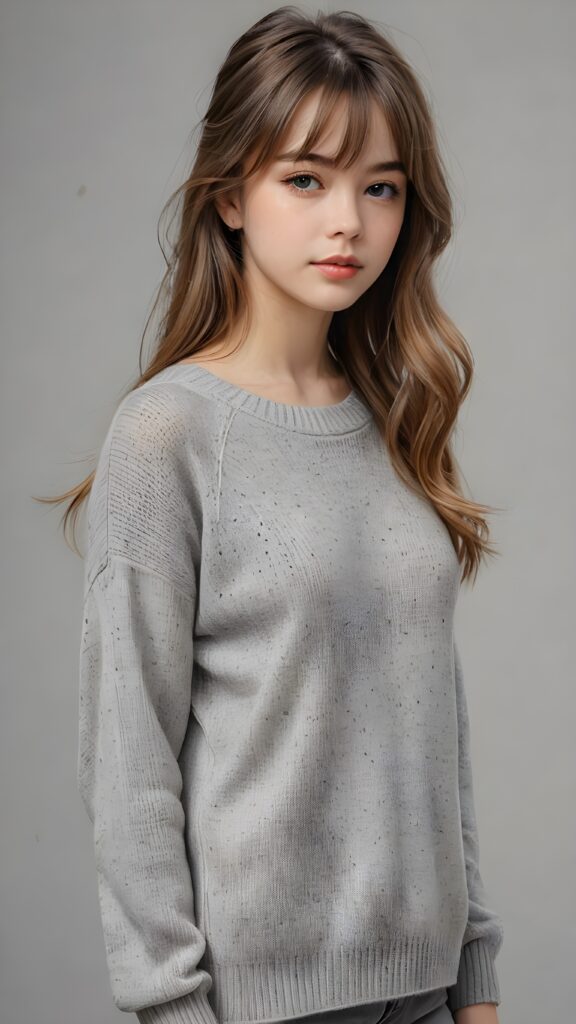 a perfect detailed and realistic picture from a (cute model teen girl), medium silhouette shot, her hair is gold-brown and has long straight haircut, bangs, she has pouting lips, she has a soft outlook, she has a fit and perfect curved figure, (((she is wearing a thin fine grey wool sweater))), ((grey background))