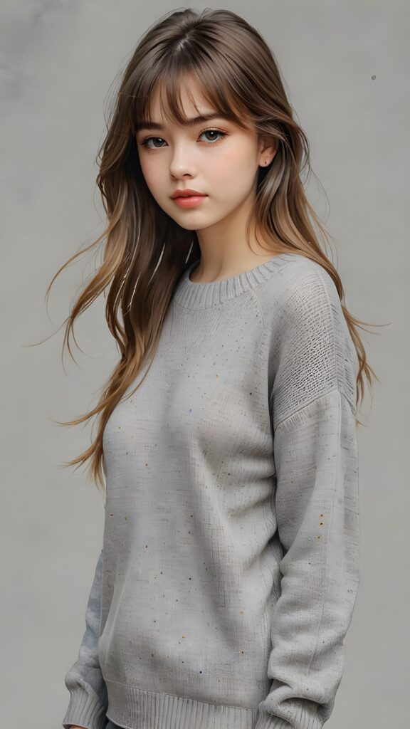 a perfect detailed and realistic picture from a (cute model teen girl), medium silhouette shot, her hair is gold-brown and has long straight haircut, bangs, she has pouting lips, she has a soft outlook, she has a fit and perfect curved figure, (((she is wearing a thin fine grey wool sweater))), ((grey background))