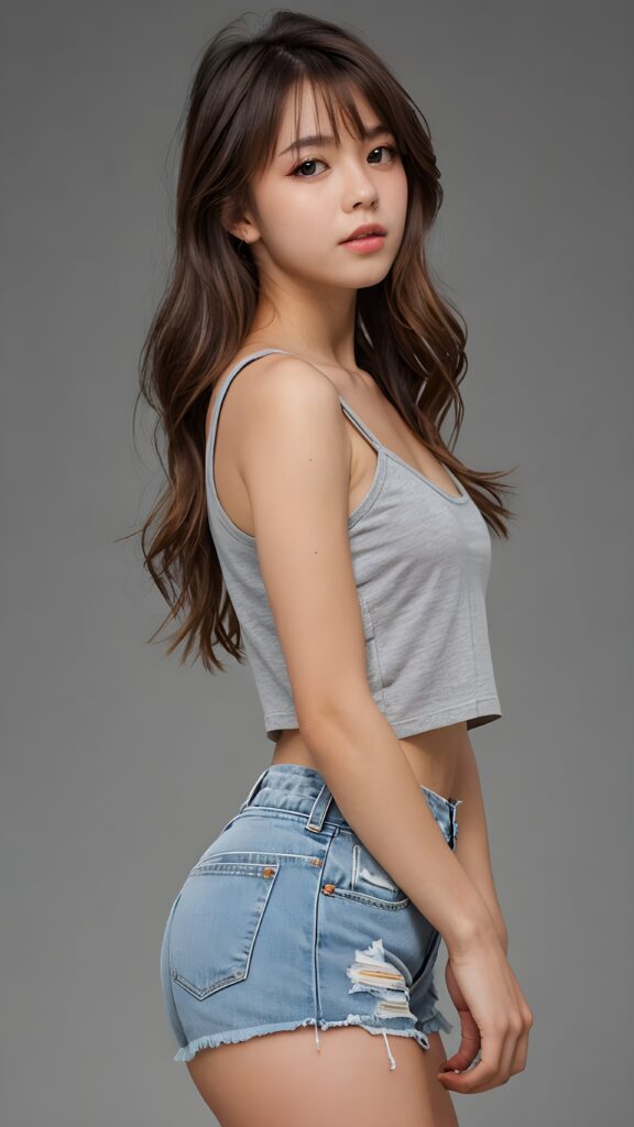 a perfect detailed and realistic photo from a (cute model teen girl), medium silhouette shot, her hair is gold-brown and has long straight haircut, bangs, she has pouting lips, she has a soft outlook, she has a fit and perfect curved figure, (((she is wearing a strap crop tube top and tattered shorts))), ((grey background))