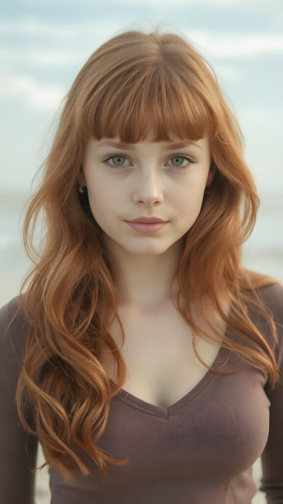 a (((perfect portrait))) of a (((beautiful young and well busty ginger teen girl))), with (soft long auburn red hair) that flows down past her shoulders and curls gently around her face, bangs, capturing an inviting look, her (face is round and softly contoured), with (amber eyes) that convey a sense of warmth and innocence. She's dressed in a tight (deep v-neck) crop top, wide open front that emphasizes her perfect formed body, all against a beach backdrop