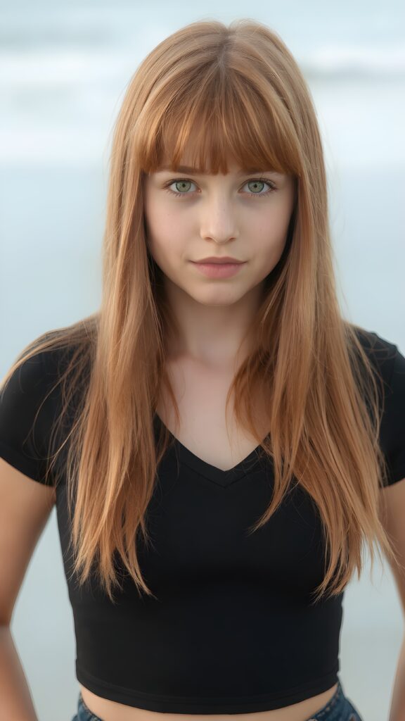 a (((perfect portrait))) of a (((beautiful young ginger teen girl))), with (soft long straight amber hair) that flows down past her shoulders and gently around her face, bangs, capturing an inviting look, her (face is round and softly contoured), with (amber eyes) that convey a sense of warmth and innocence. She's dressed in a tight (deep v-neck) crop top, wide open front that emphasizes her perfect curved female body, all against a beach backdrop