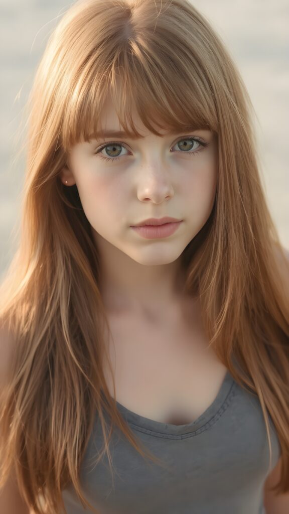 a (((perfect portrait))) of a (((beautiful young ginger teen girl))), with (soft long straight amber hair) that flows down past her shoulders and gently around her face, bangs, capturing an inviting look, her (face is round and softly contoured), with (amber eyes) that convey a sense of warmth and innocence. She's dressed in a tight (deep v-neck) crop top, wide open front that emphasizes her perfect curved female body, all against a beach backdrop