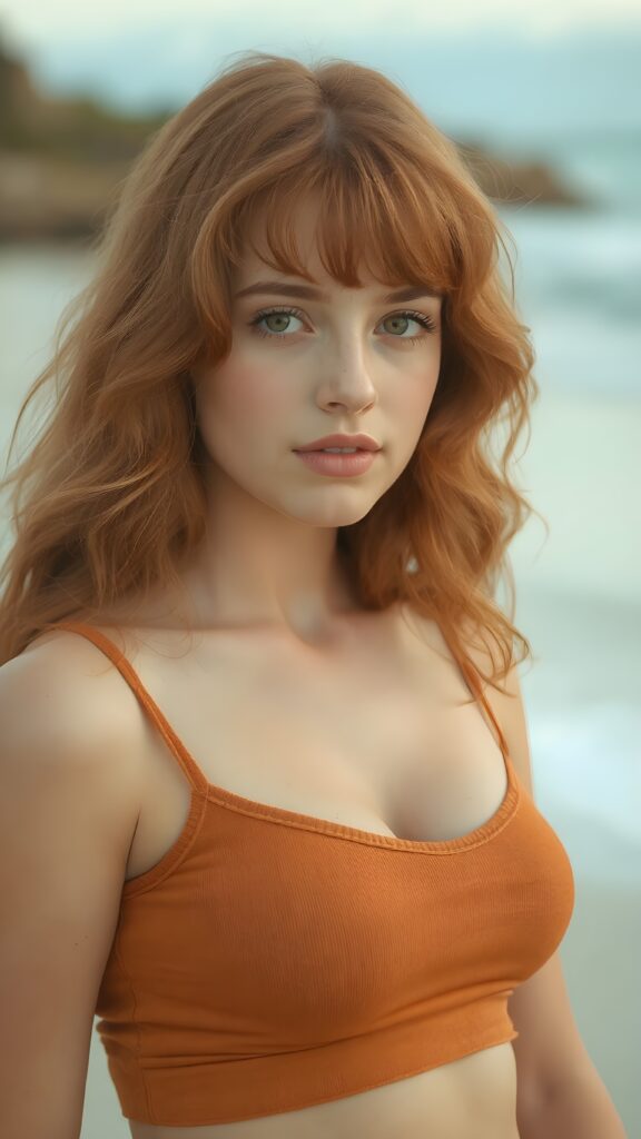 a (((perfect portrait))) of a (((beautiful young and well busty ginger teen girl))), with (soft long auburn red hair) that flows down past her shoulders and curls gently around her face, bangs, capturing an inviting look, her (face is round and softly contoured), with (amber eyes) that convey a sense of warmth and innocence. She's dressed in a tight (deep v-neck) crop top, wide open front that emphasizes her perfect curved female body, all against a beach backdrop