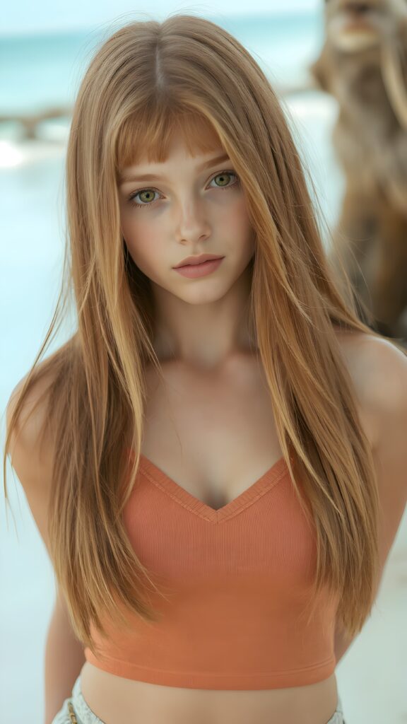 a (((perfect portrait))) of a (((beautiful young ginger teen girl))), with (soft long straight amber hair) that flows down past her shoulders and gently around her face, bangs, capturing an inviting look, her (face is round and softly contoured), with (amber eyes) that convey a sense of warmth and innocence. She's dressed in a tight (deep v-neck) crop top, wide open front that emphasizes her perfect curved female body, all against a beach backdrop