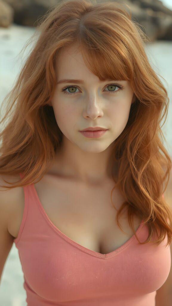 a (((perfect portrait))) of a (((beautiful young and well busty ginger teen girl))), with (soft long auburn red hair) that flows down past her shoulders and curls gently around her face, bangs, capturing an inviting look, her (face is round and softly contoured), with (amber eyes) that convey a sense of warmth and innocence. She's dressed in a tight (deep v-neck) crop top, wide open front that emphasizes her perfect formed body, all against a beach backdrop