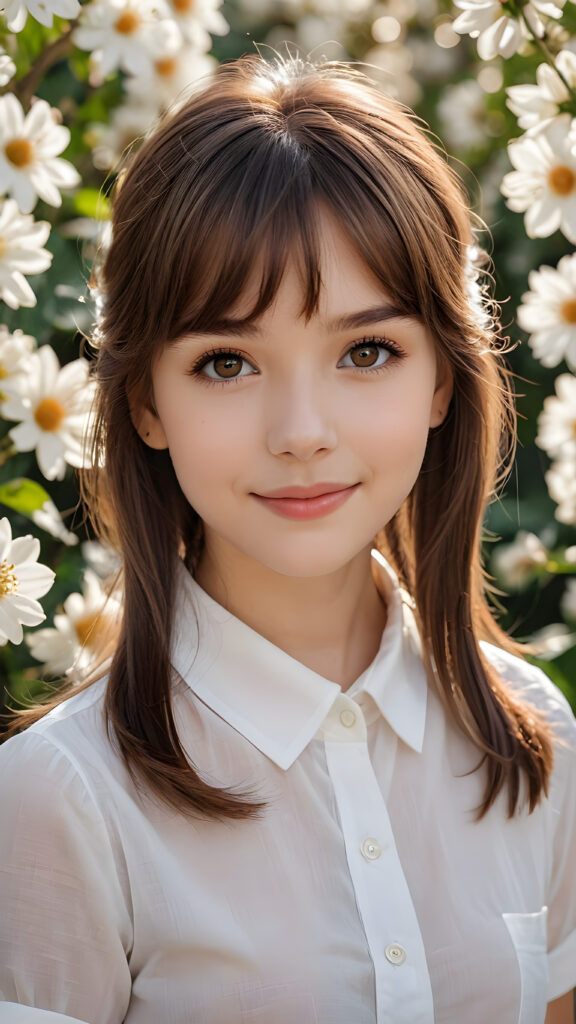 a (((perfect portrait))) of a (((very cute young girl))), age 3, with delicate yet pale skin, luminous brown eyes that sparkle in the sun, and exquisite features that make her truly beautiful, including a charming smile that lights up the room. Her hair is styled in (((straight brown hair with side bangs))), and she's dressed in a (((white shirt))). Her eyes are framed by long, elegant eyelashes that draw the viewer in. The scene is set against a backdrop of a (pretty white flower garden)